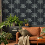 Botanical Wallpaper with a Striped Palm Tree Motif in Black and Gray - E307