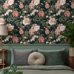 Floral Wallpaper with Vintage Roses in Dark Green, Pink, and White - E302