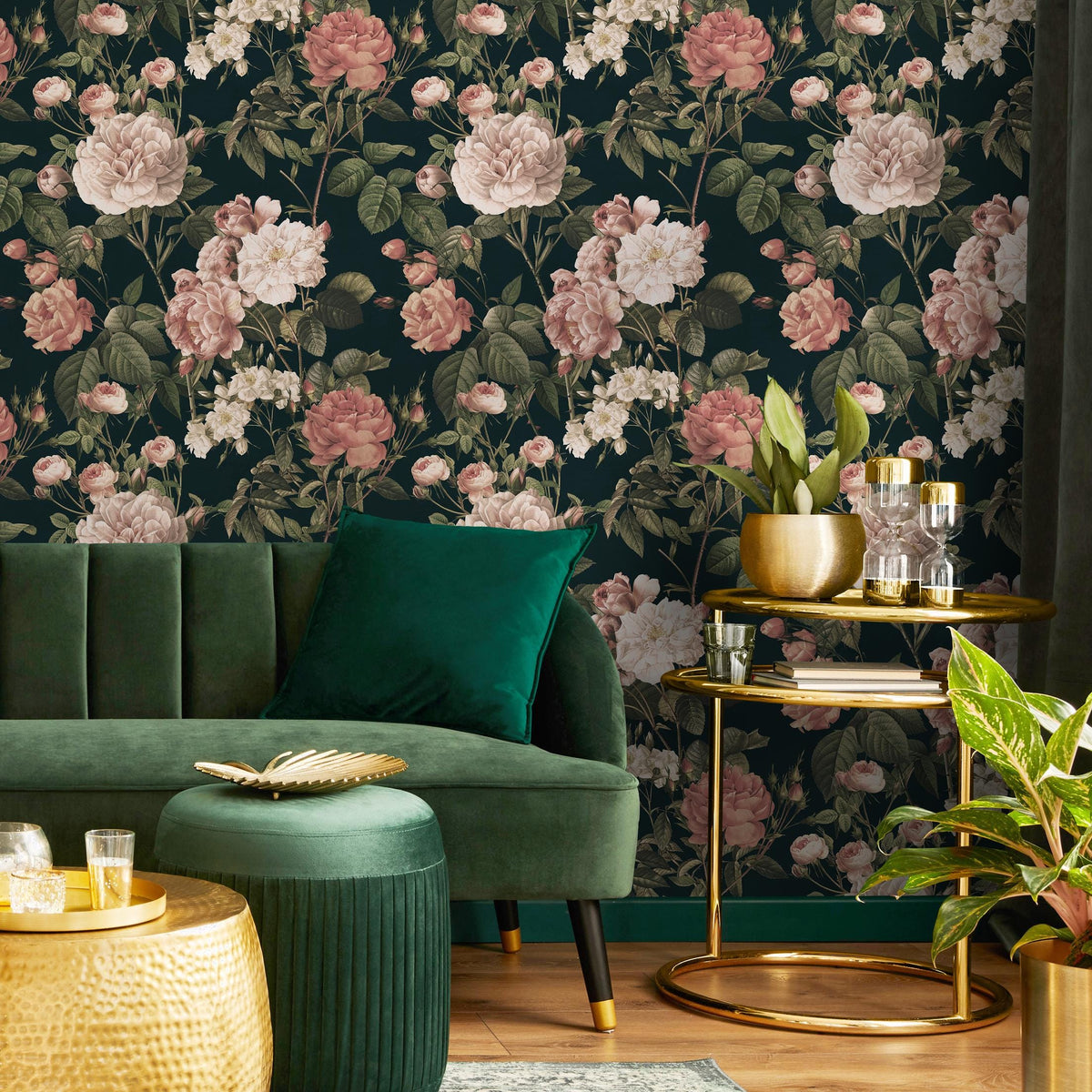 Floral Wallpaper with Vintage Roses in Dark Green, Pink, and White - E302