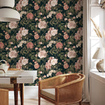 Floral Wallpaper with Vintage Roses in Dark Green, Pink, and White - E302