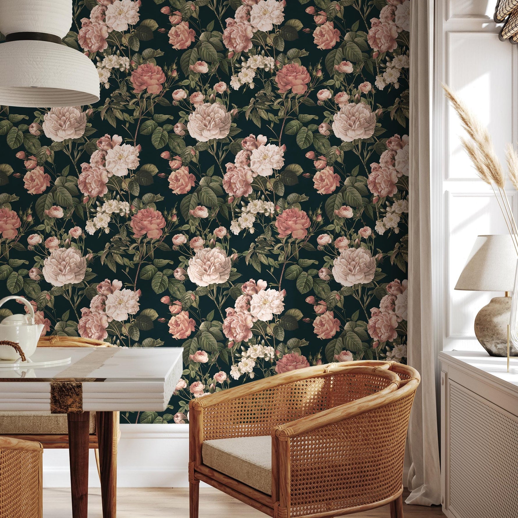 Floral Wallpaper with Vintage Roses in Dark Green, Pink, and White - E302
