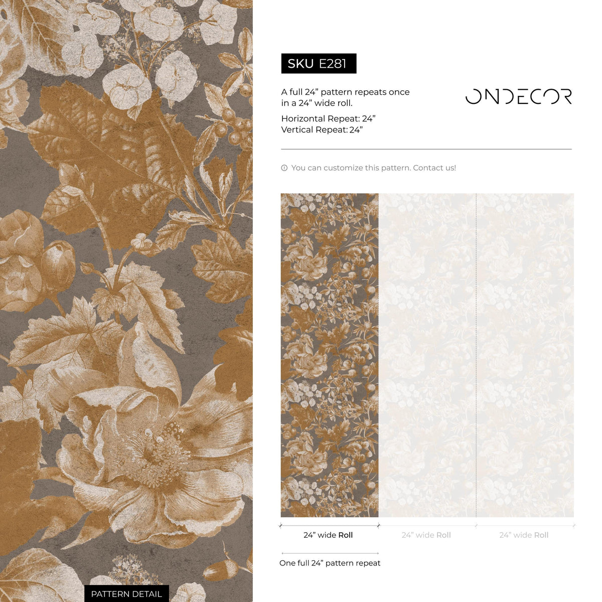 Botanical Wallpaper with a Vintage Floral Motif in Gold, Beige, and Gray - E281