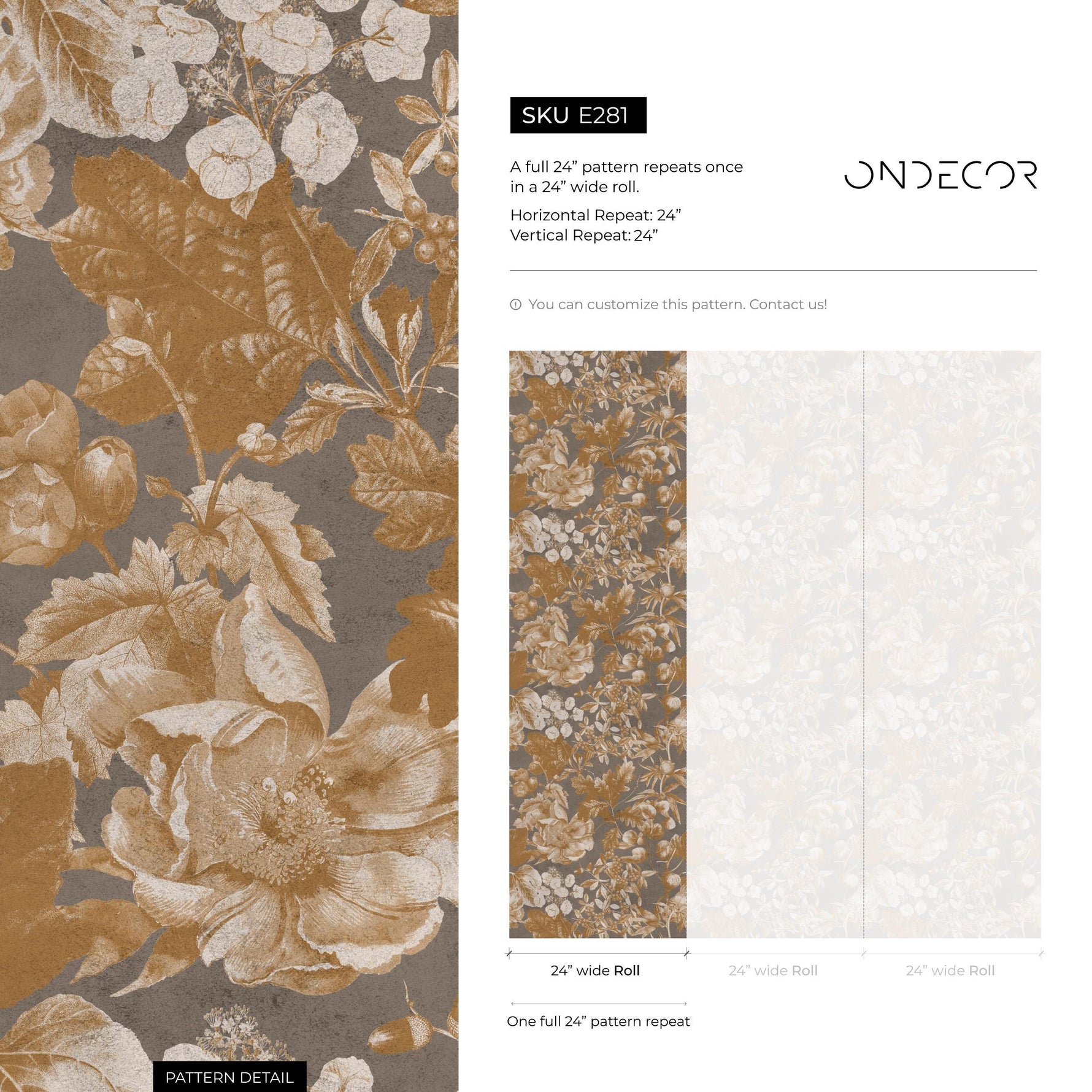 Botanical Wallpaper with a Vintage Floral Motif in Gold, Beige, and Gray - E281