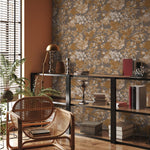 Botanical Wallpaper with a Vintage Floral Motif in Gold, Beige, and Gray - E281
