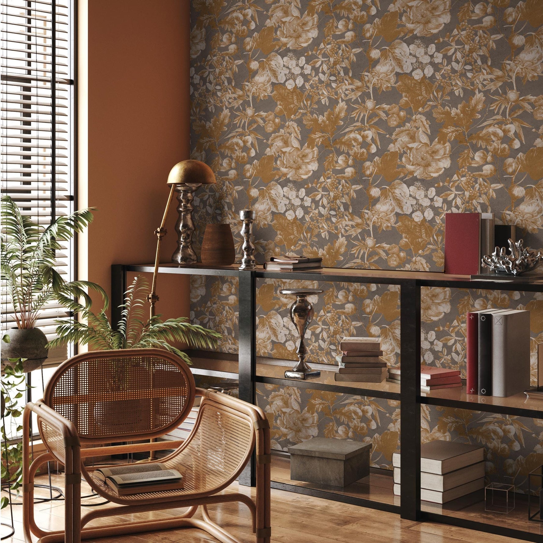 Botanical Wallpaper with a Vintage Floral Motif in Gold, Beige, and Gray - E281