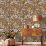 Botanical Wallpaper with a Vintage Floral Motif in Gold, Beige, and Gray - E281