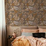 Botanical Wallpaper with a Vintage Floral Motif in Gold, Beige, and Gray - E281