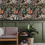 Floral Wallpaper Featuring Vintage Peonies and Berries in Pink, Red, and Green - E282