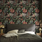 Floral Wallpaper Featuring Vintage Peonies and Berries in Pink, Red, and Green - E282