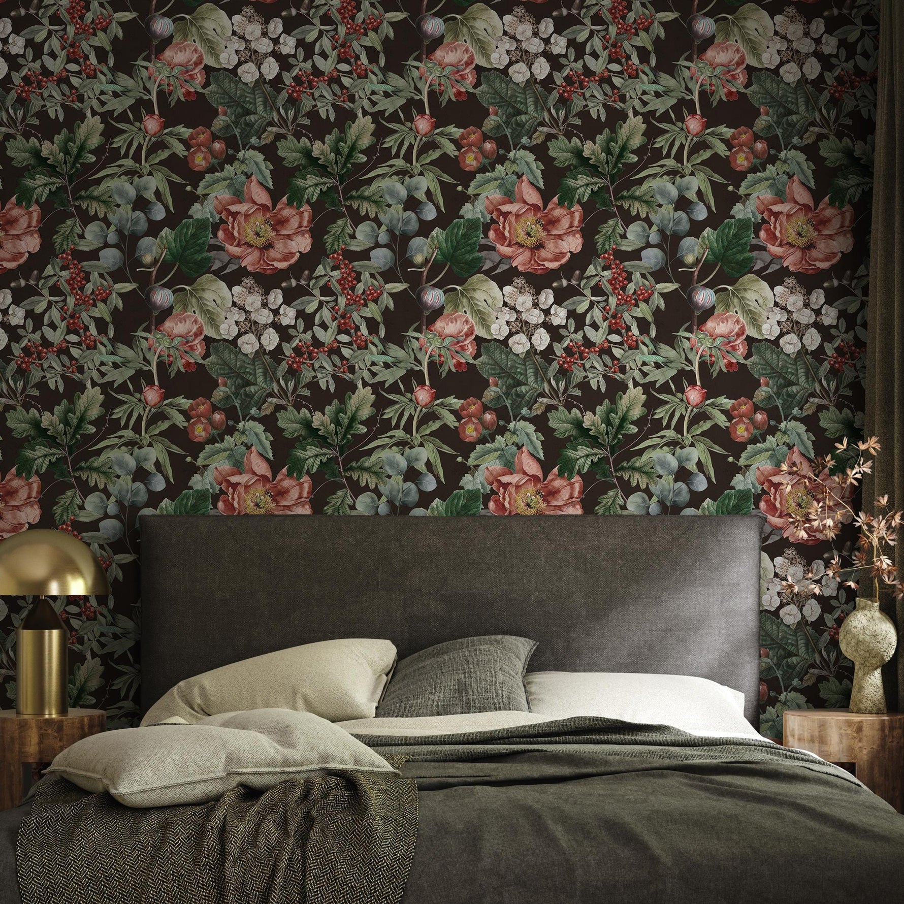 Floral Wallpaper Featuring Vintage Peonies and Berries in Pink, Red, and Green - E282