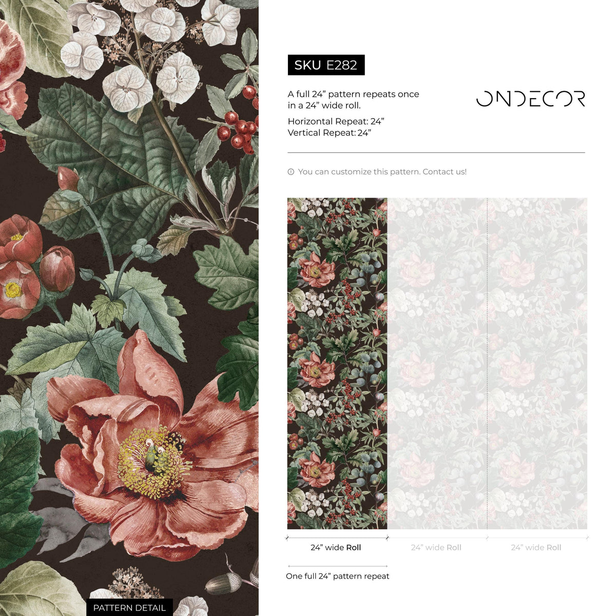 Floral Wallpaper Featuring Vintage Peonies and Berries in Pink, Red, and Green - E282