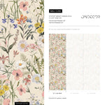 Wildflower Wallpaper with a Vintage Meadow Motif in Pink, Blue, and Yellow - E286