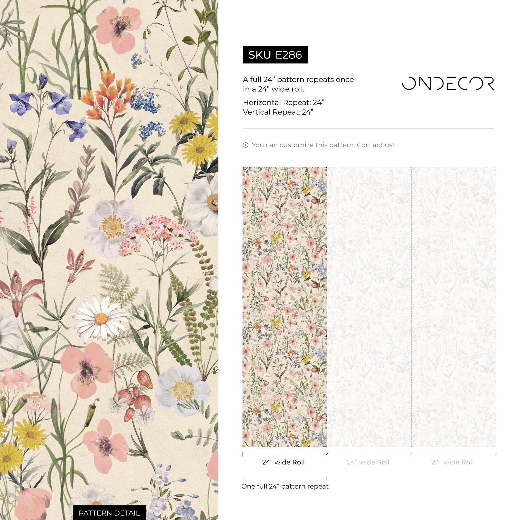 Wildflower Wallpaper with a Vintage Meadow Motif in Pink, Blue, and Yellow - E286
