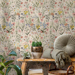 Wildflower Wallpaper with a Vintage Meadow Motif in Pink, Blue, and Yellow - E286