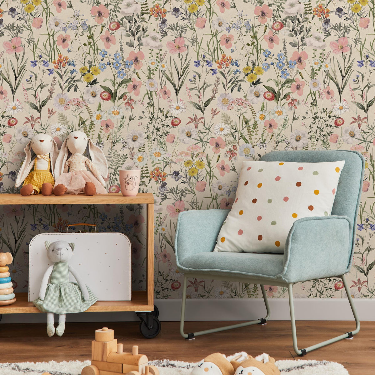 Wildflower Wallpaper with a Vintage Meadow Motif in Pink, Blue, and Yellow - E286