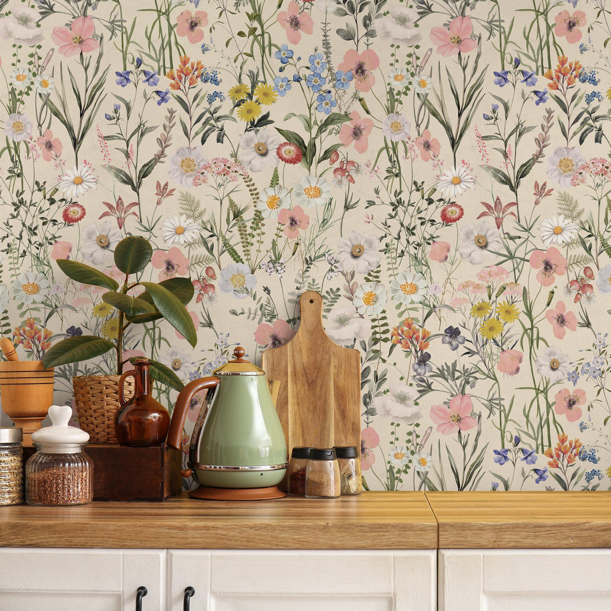 Wildflower Wallpaper with a Vintage Meadow Motif in Pink, Blue, and Yellow - E286