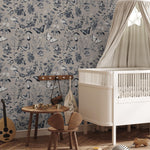Botanical Wallpaper with Butterflies and Mushrooms in Taupe, Dark Blue, and White - E290