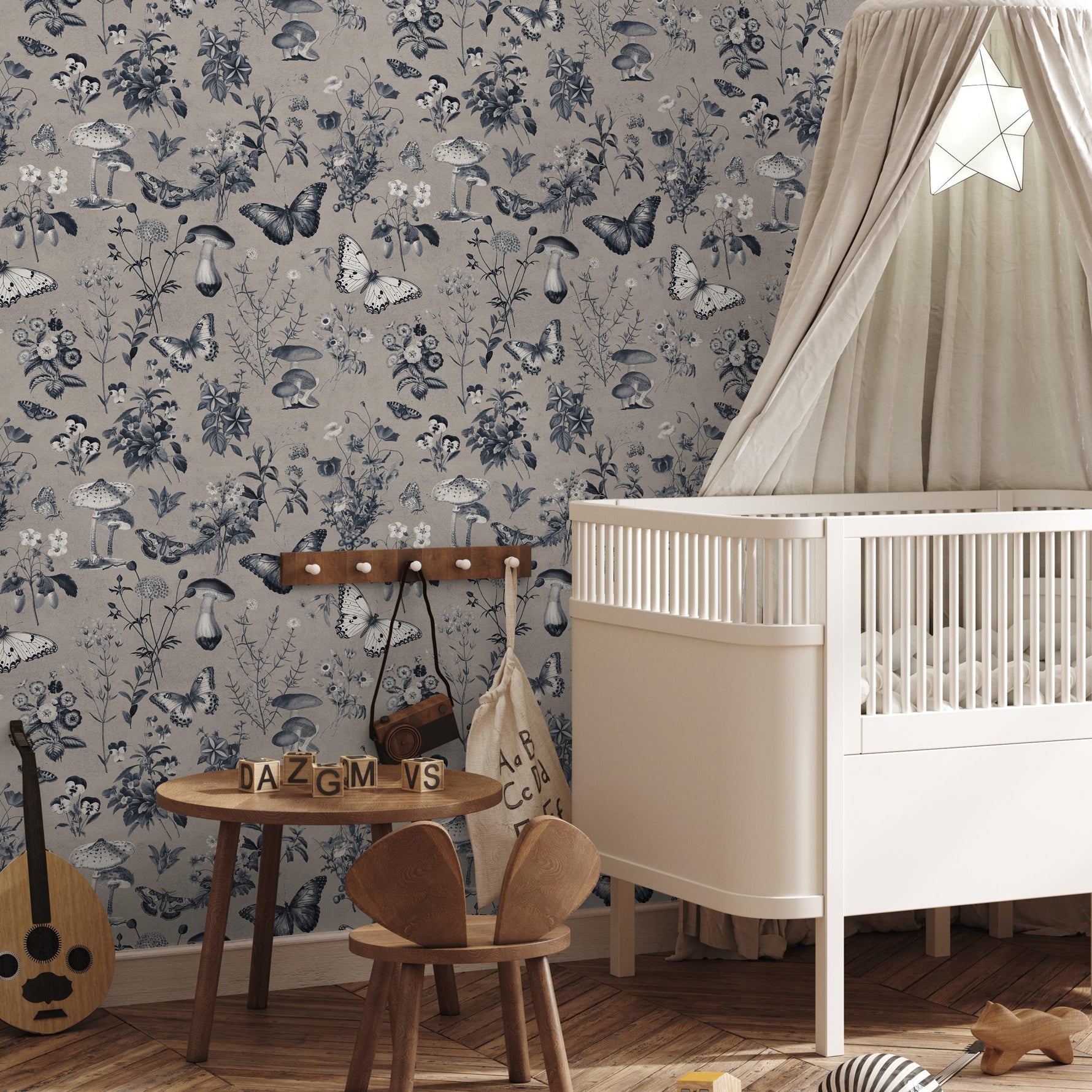 Botanical Wallpaper with Butterflies and Mushrooms in Taupe, Dark Blue, and White - E290