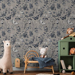 Botanical Wallpaper with Butterflies and Mushrooms in Taupe, Dark Blue, and White - E290