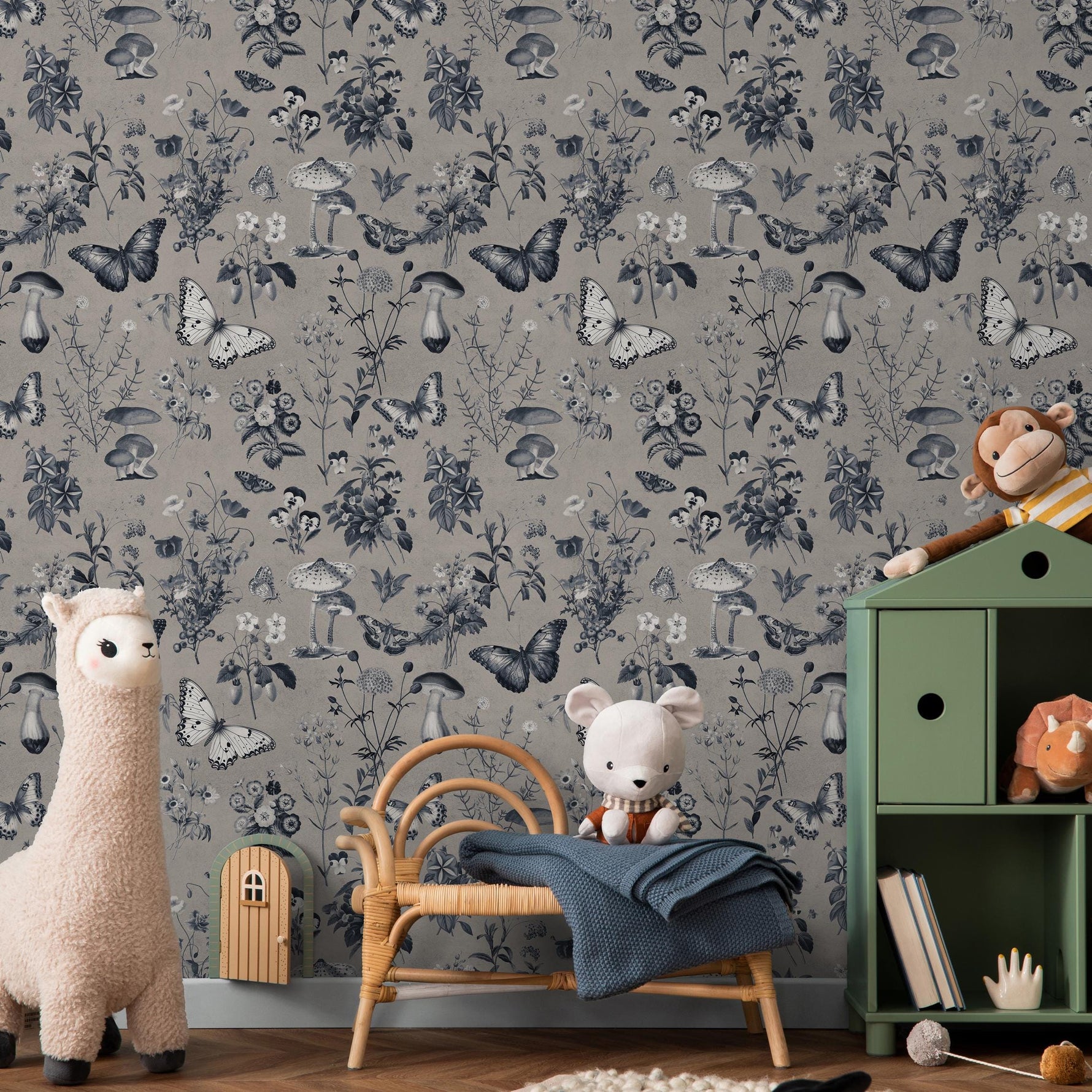 Botanical Wallpaper with Butterflies and Mushrooms in Taupe, Dark Blue, and White - E290