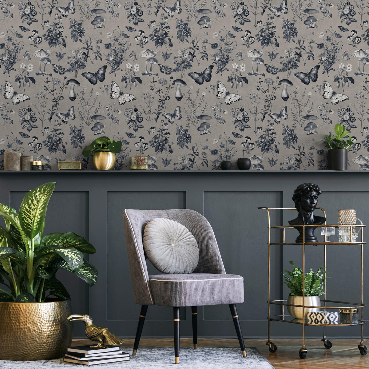 Botanical Wallpaper with Butterflies and Mushrooms in Taupe, Dark Blue, and White - E290
