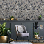 Botanical Wallpaper with Butterflies and Mushrooms in Taupe, Dark Blue, and White - E290