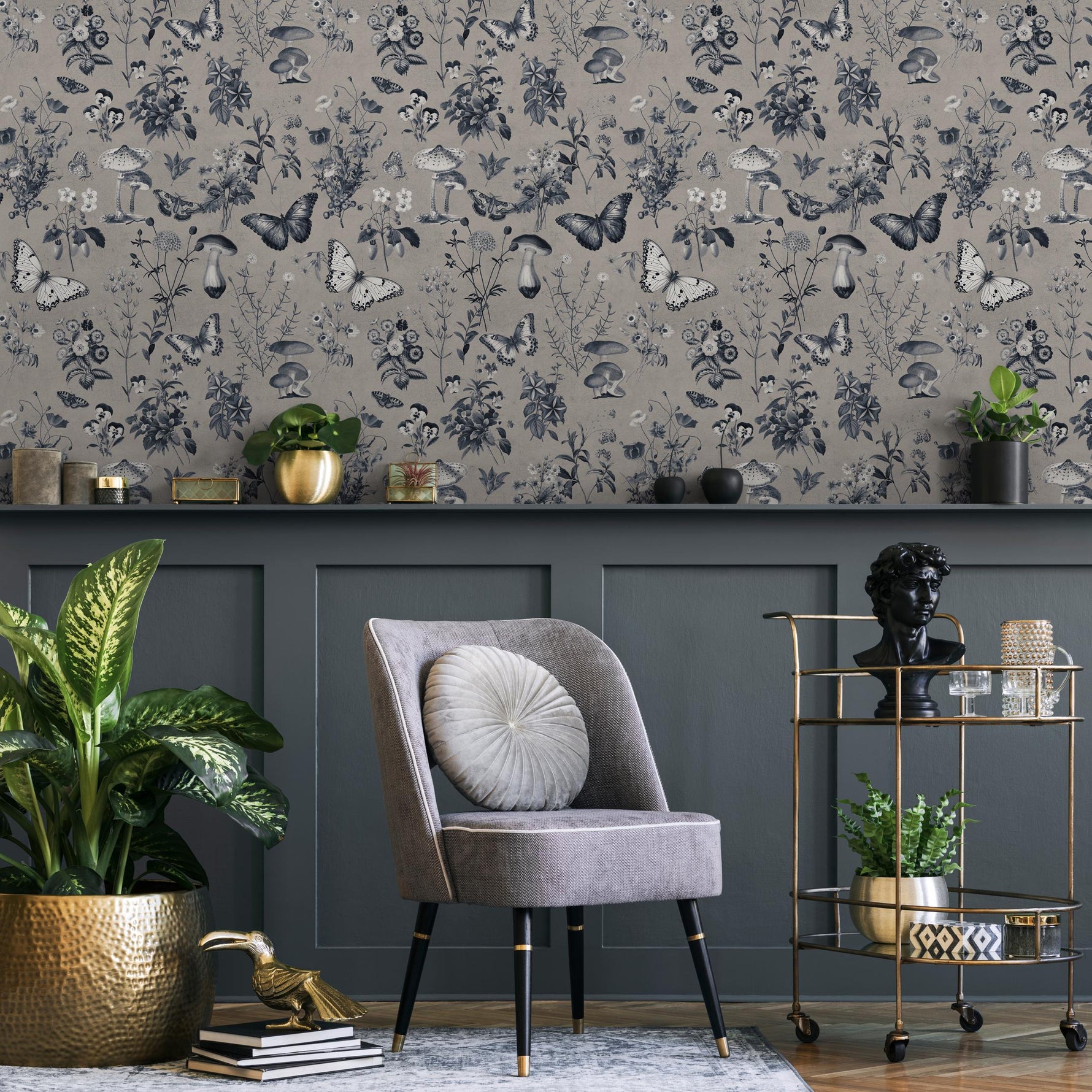 Botanical Wallpaper with Butterflies and Mushrooms in Taupe, Dark Blue, and White - E290