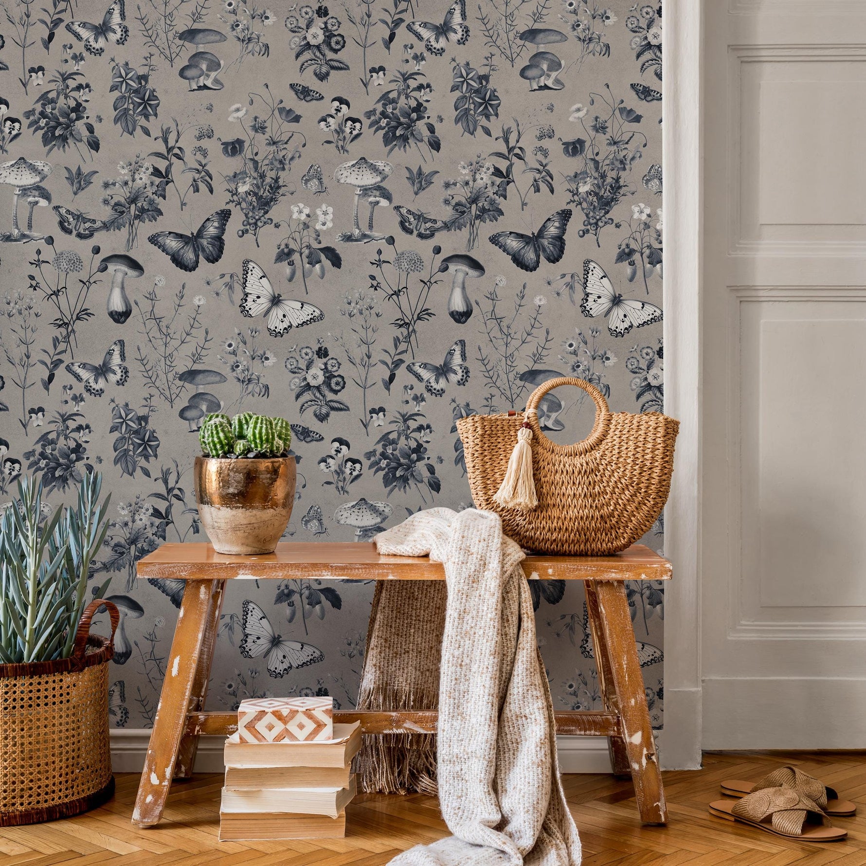 Botanical Wallpaper with Butterflies and Mushrooms in Taupe, Dark Blue, and White - E290