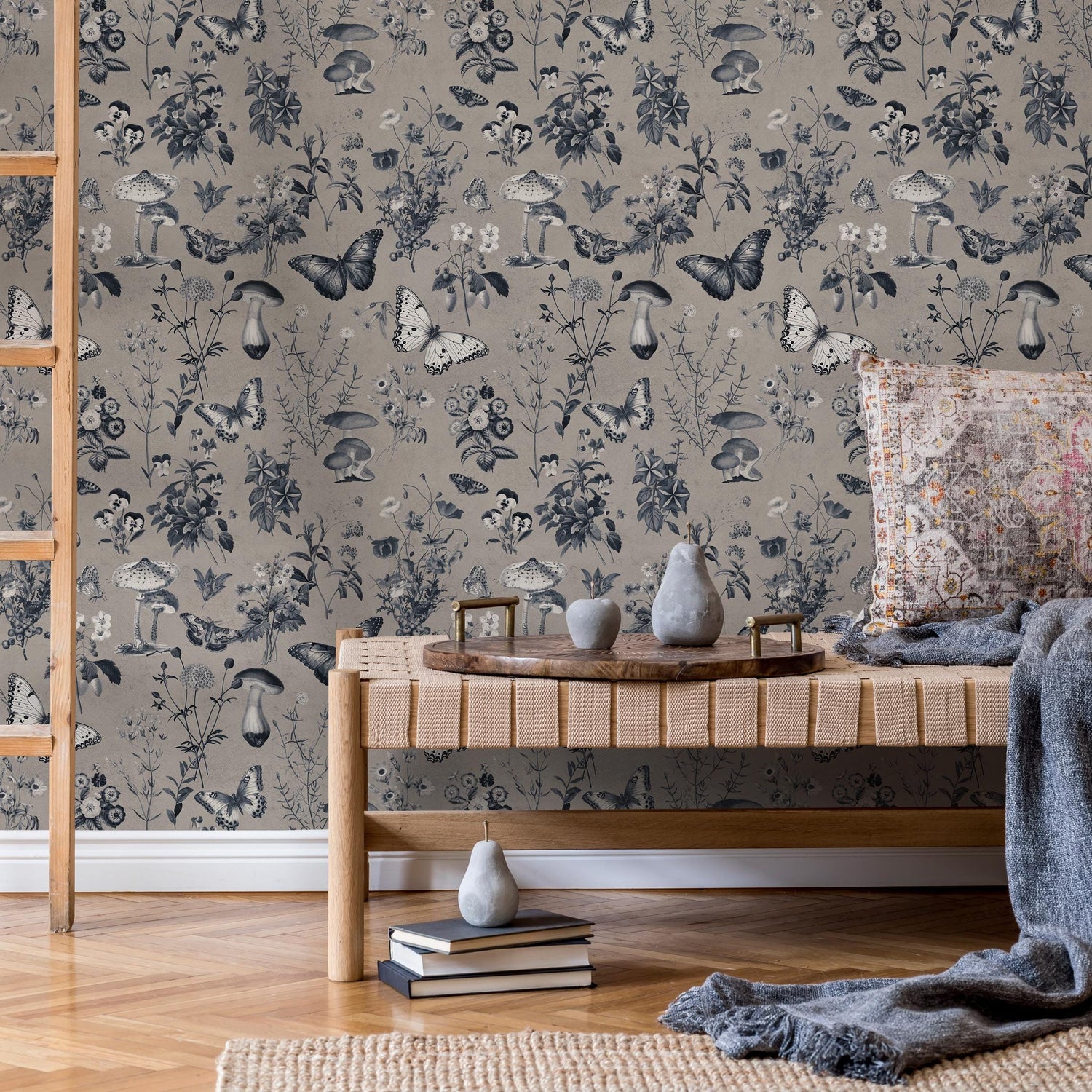 Botanical Wallpaper with Butterflies and Mushrooms in Taupe, Dark Blue, and White - E290