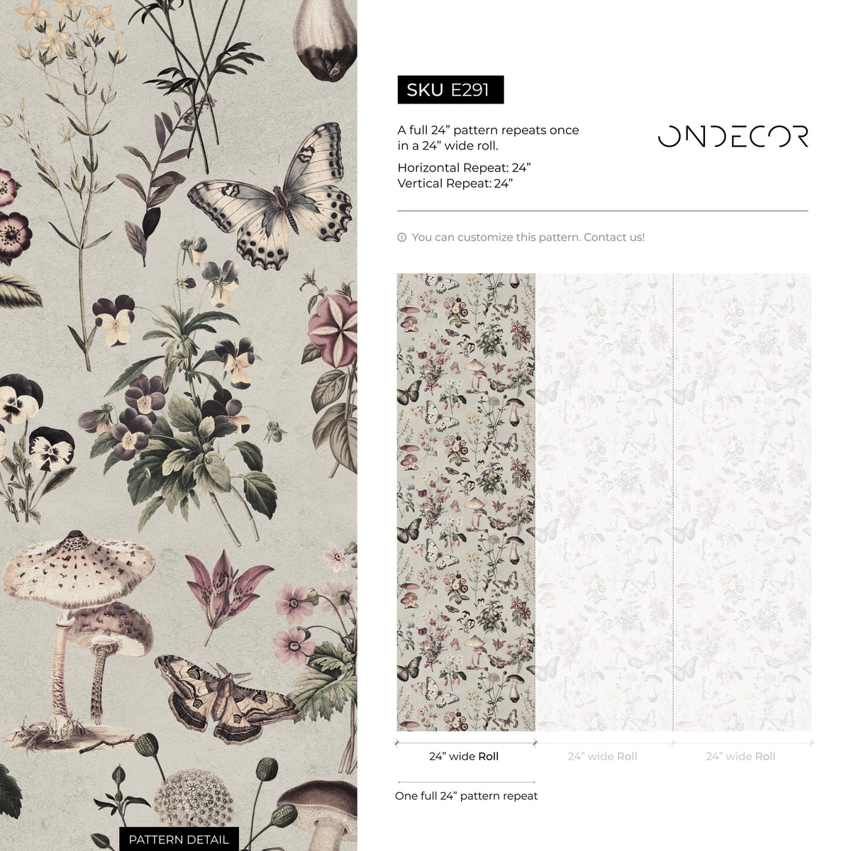 Botanical Wallpaper with Butterflies and Mushrooms in Green, Pink, and Black - E291