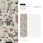 Botanical Wallpaper with Butterflies and Mushrooms in Green, Pink, and Black - E291
