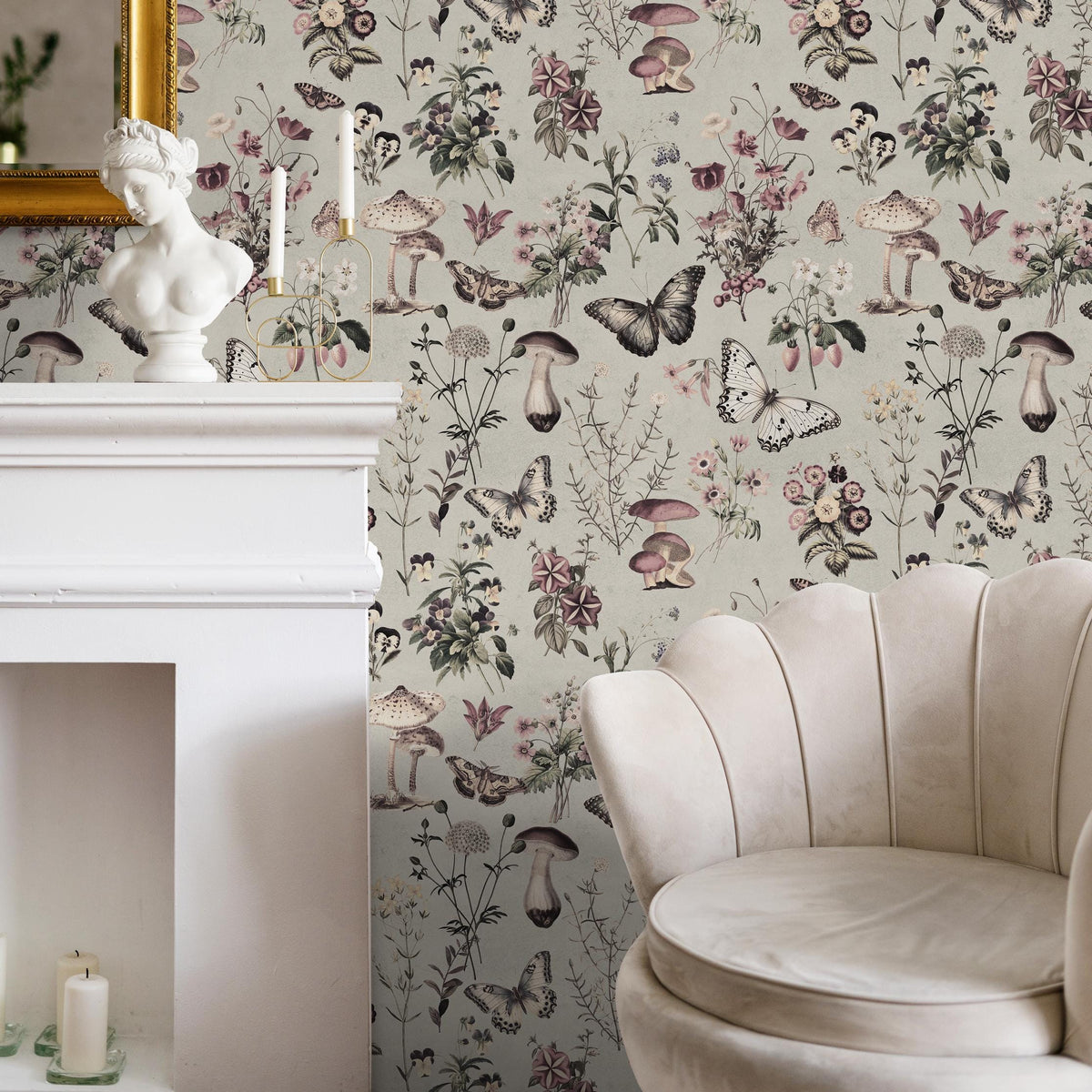Botanical Wallpaper with Butterflies and Mushrooms in Green, Pink, and Black - E291