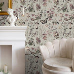 Botanical Wallpaper with Butterflies and Mushrooms in Green, Pink, and Black - E291