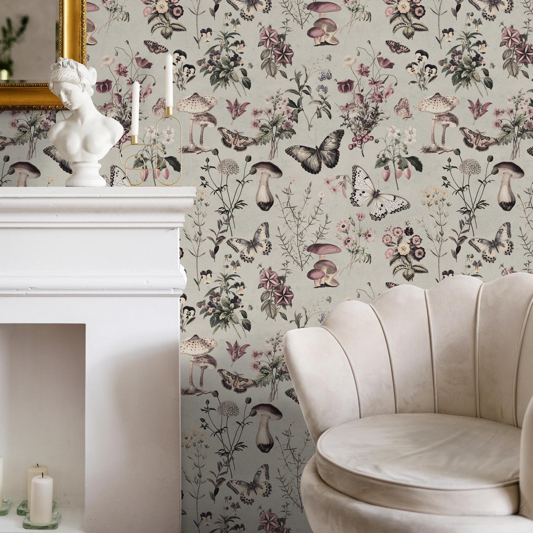Botanical Wallpaper with Butterflies and Mushrooms in Green, Pink, and Black - E291