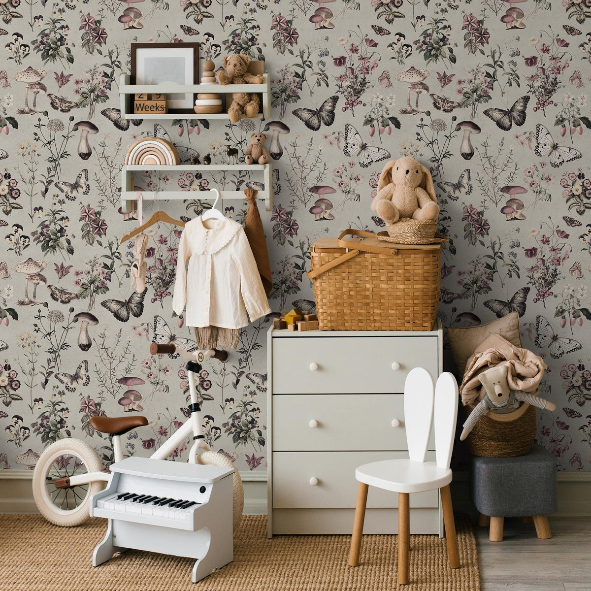 Botanical Wallpaper with Butterflies and Mushrooms in Green, Pink, and Black - E291