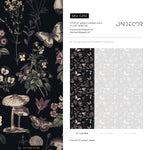 Botanical Wallpaper with Butterflies and Mushrooms in Black, Beige, and Mauve - E293