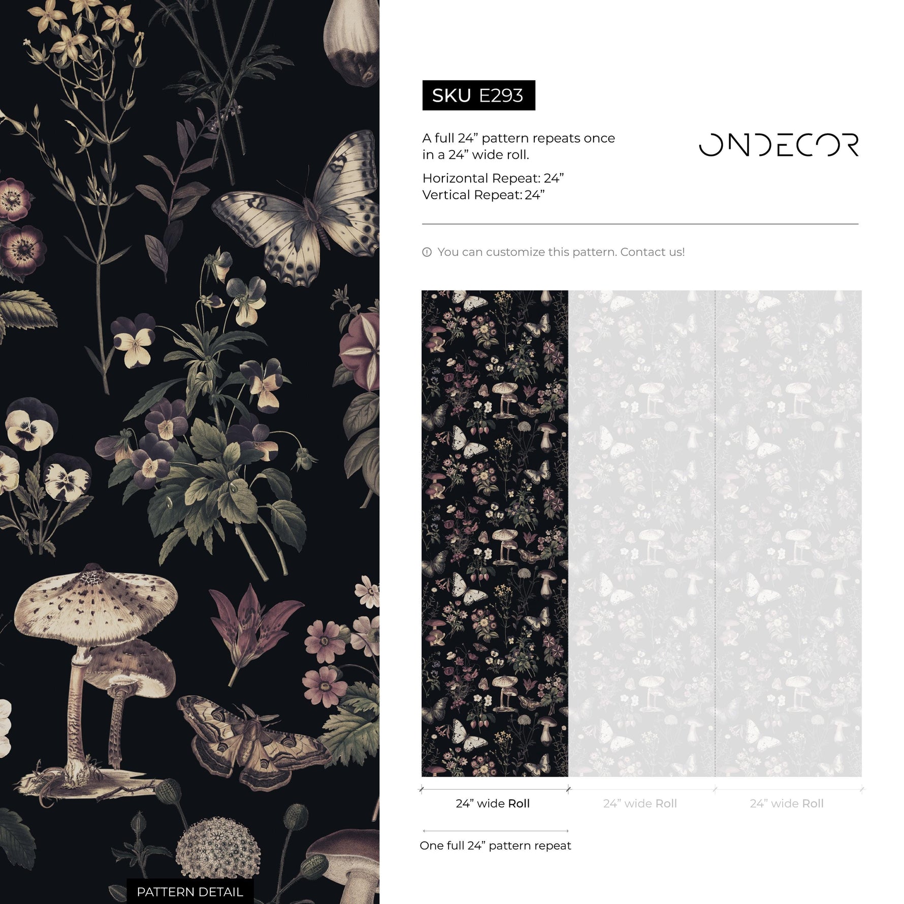 Botanical Wallpaper with Butterflies and Mushrooms in Black, Beige, and Mauve - E293