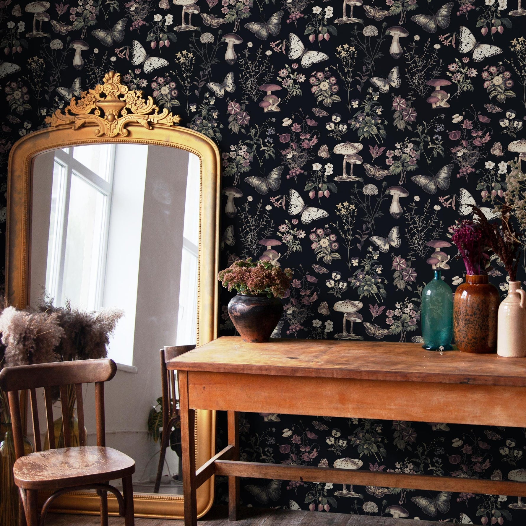 Botanical Wallpaper with Butterflies and Mushrooms in Black, Beige, and Mauve - E293