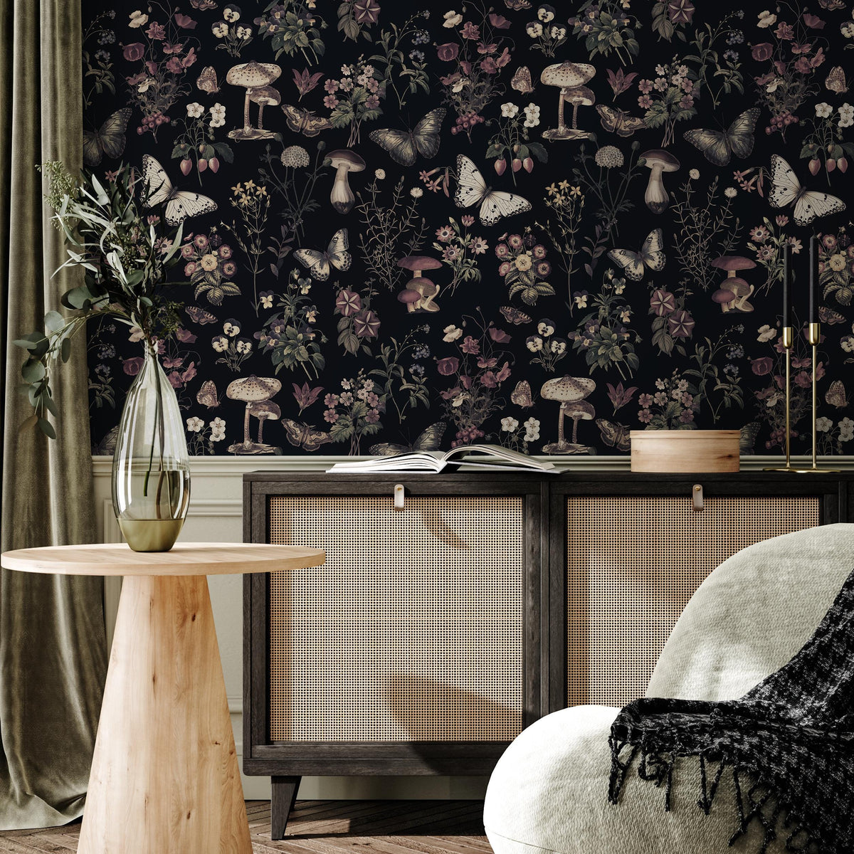 Botanical Wallpaper with Butterflies and Mushrooms in Black, Beige, and Mauve - E293