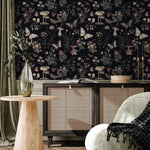 Botanical Wallpaper with Butterflies and Mushrooms in Black, Beige, and Mauve - E293