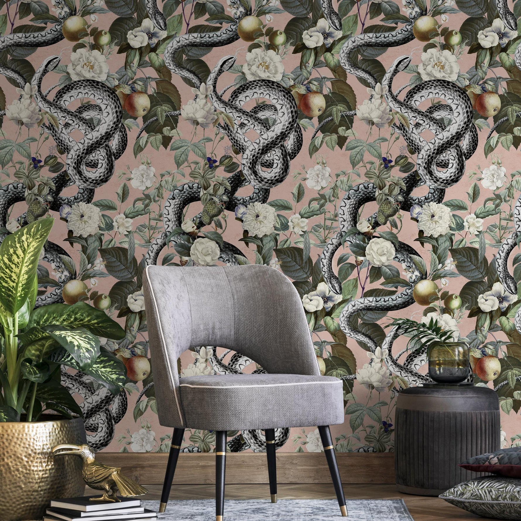 Botanical Wallpaper with Snakes and White Flowers in Pink, Green, and Black - E296