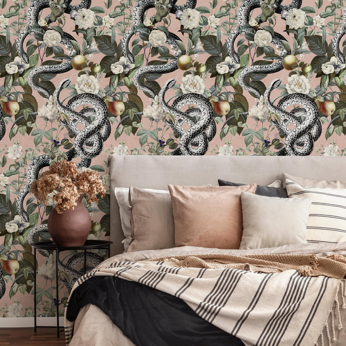Botanical Wallpaper with Snakes and White Flowers in Pink, Green, and Black - E296