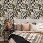 Botanical Wallpaper with Snakes and White Flowers in Pink, Green, and Black - E296