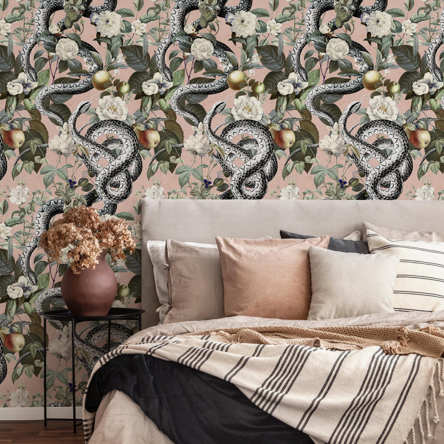 Botanical Wallpaper with Snakes and White Flowers in Pink, Green, and Black - E296