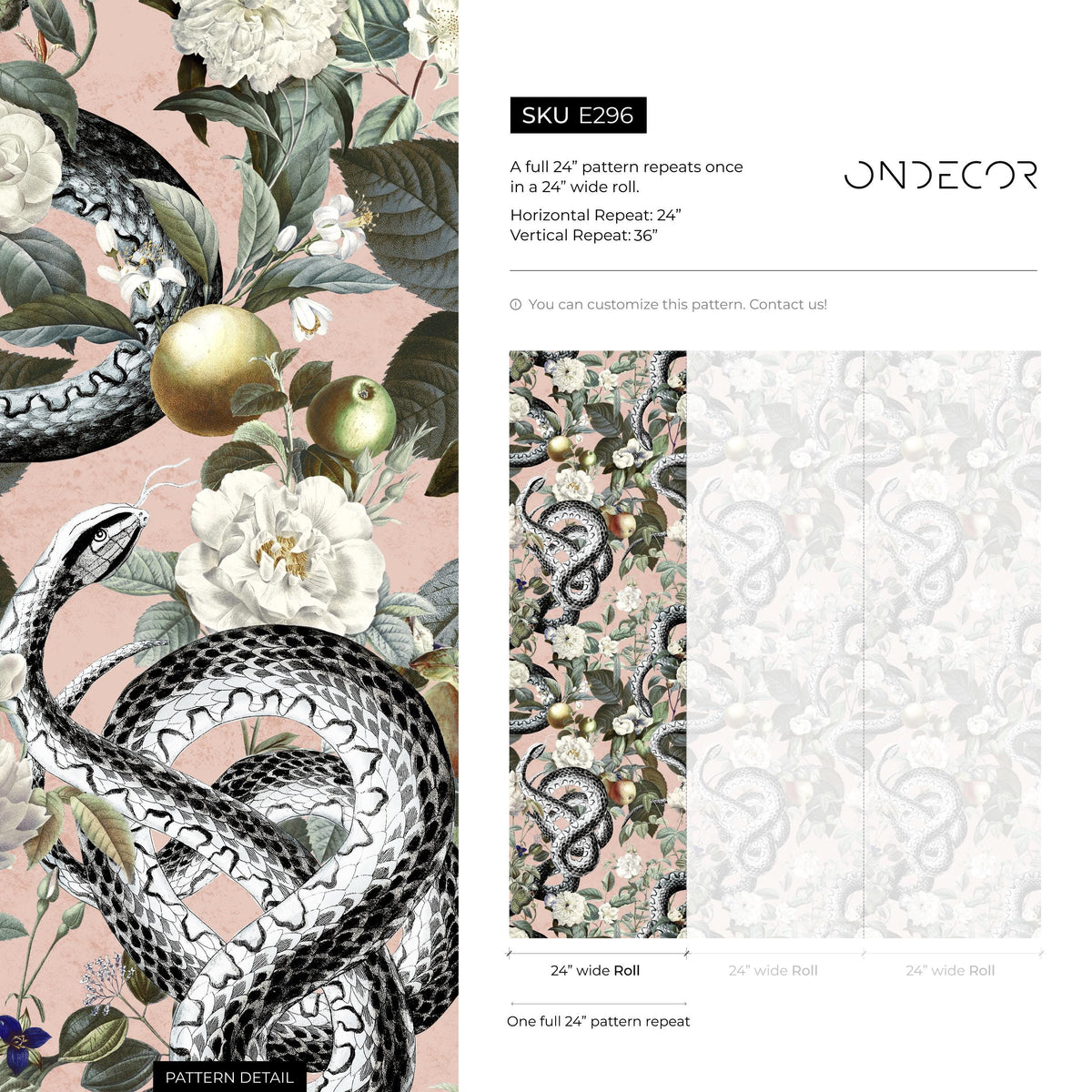 Botanical Wallpaper with Snakes and White Flowers in Pink, Green, and Black - E296
