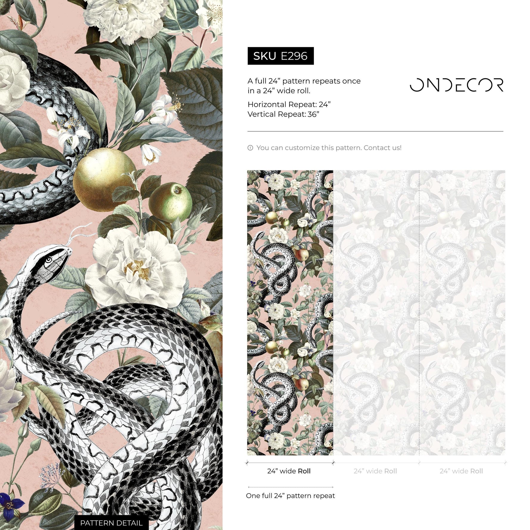 Botanical Wallpaper with Snakes and White Flowers in Pink, Green, and Black - E296