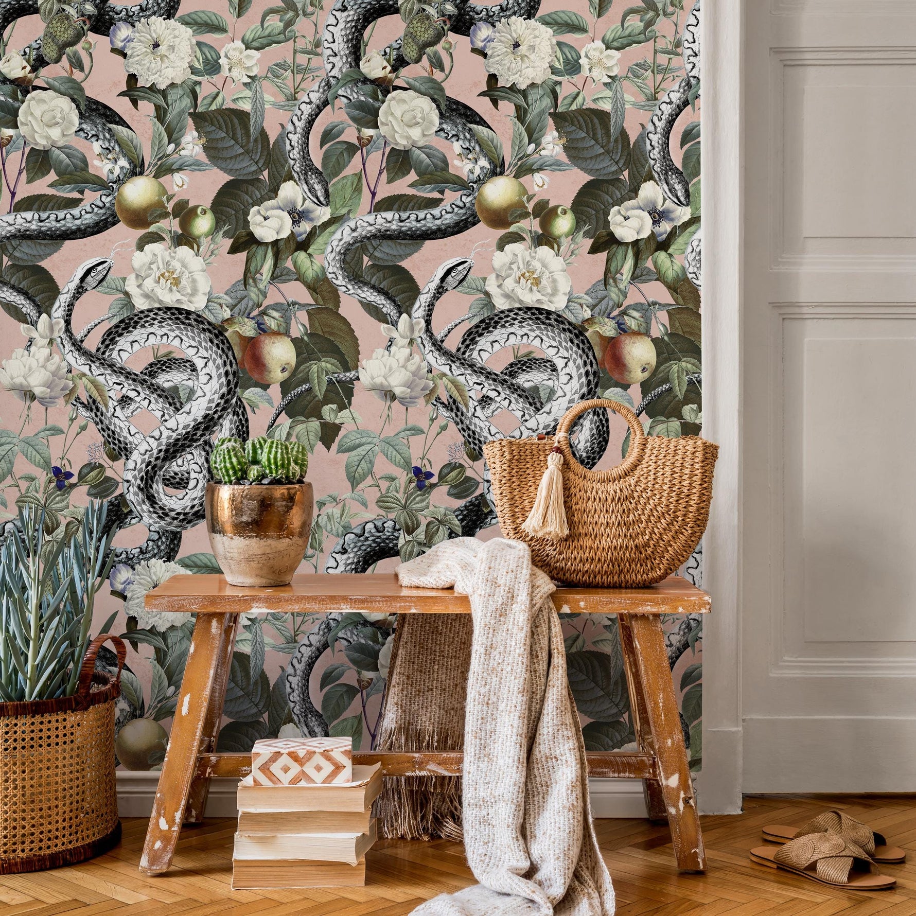 Botanical Wallpaper with Snakes and White Flowers in Pink, Green, and Black - E296