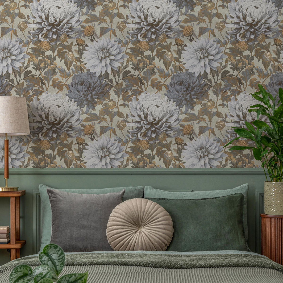 Floral Wallpaper with Vintage Chrysanthemum Blooms in Blue, Gray, and Brown - E299