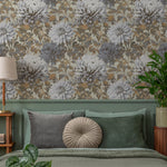 Floral Wallpaper with Vintage Chrysanthemum Blooms in Blue, Gray, and Brown - E299
