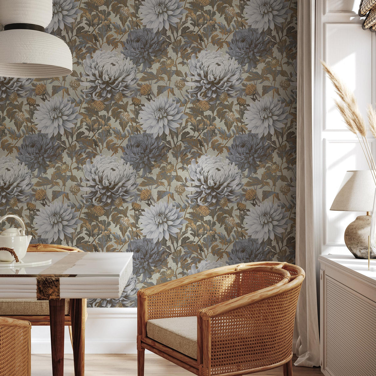 Floral Wallpaper with Vintage Chrysanthemum Blooms in Blue, Gray, and Brown - E299